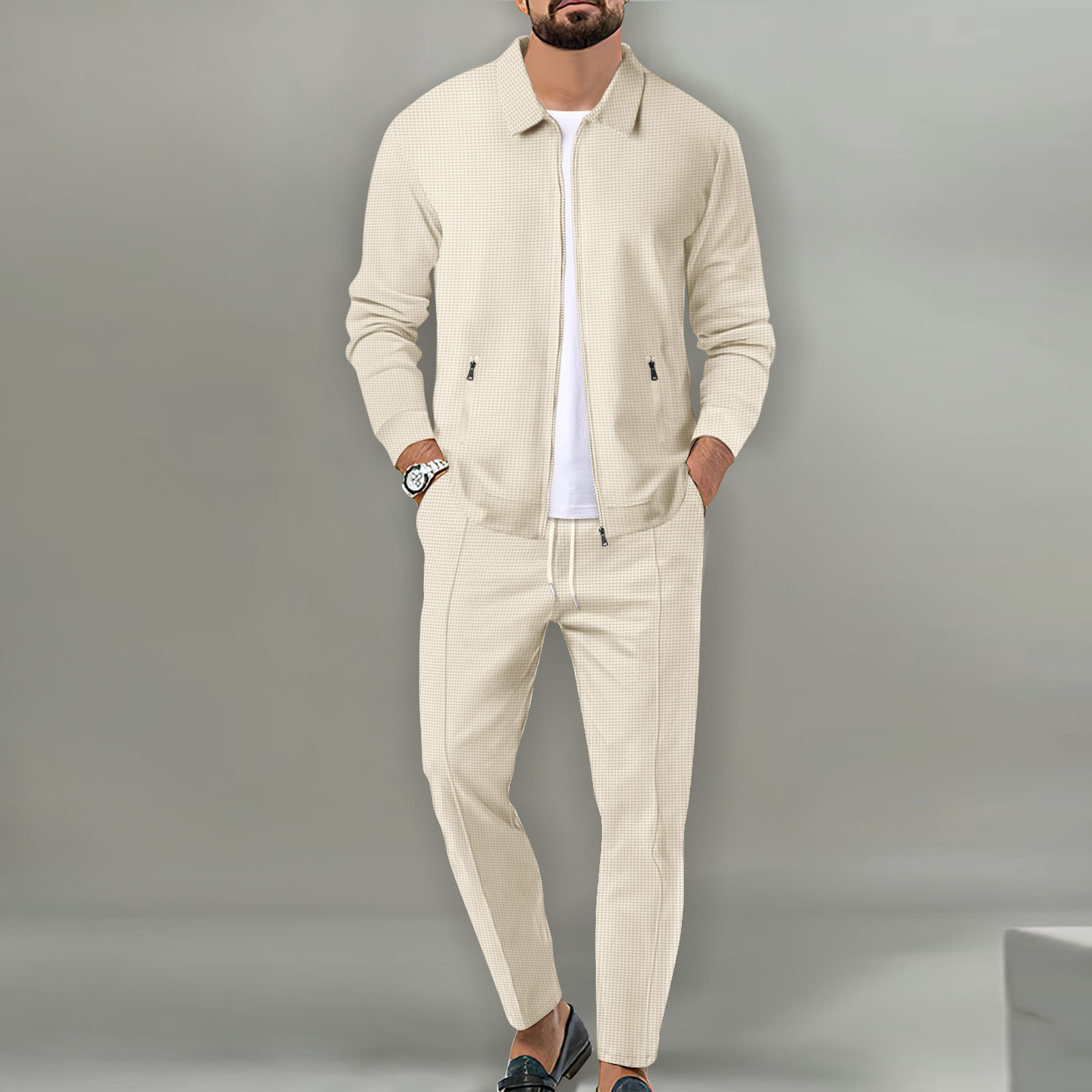 Men’s Waffle Knit Jacket Set – Slim Fit Zip-Up Cardigan with Pockets