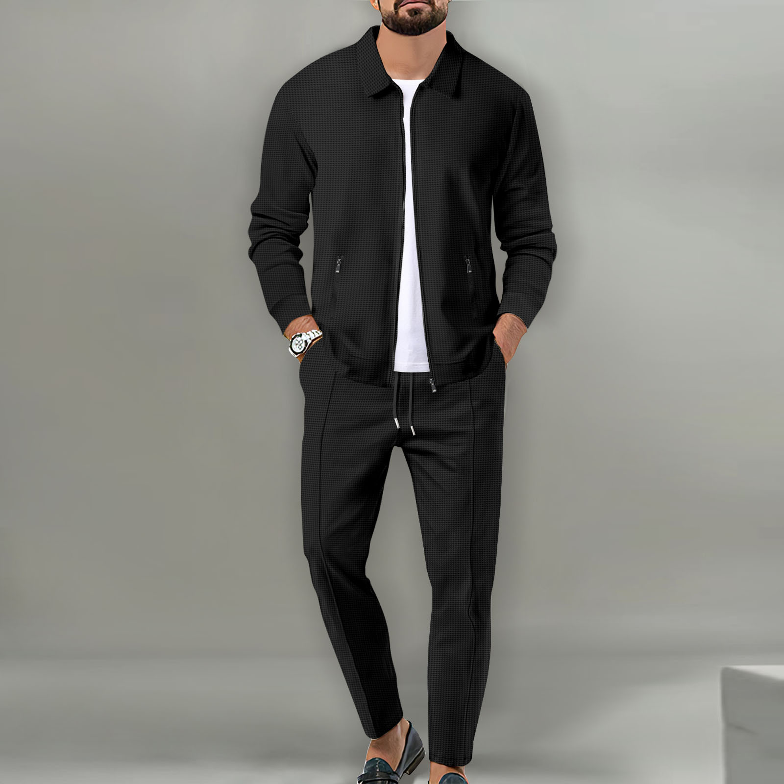 Men’s Waffle Knit Jacket Set – Slim Fit Zip-Up Cardigan with Pockets