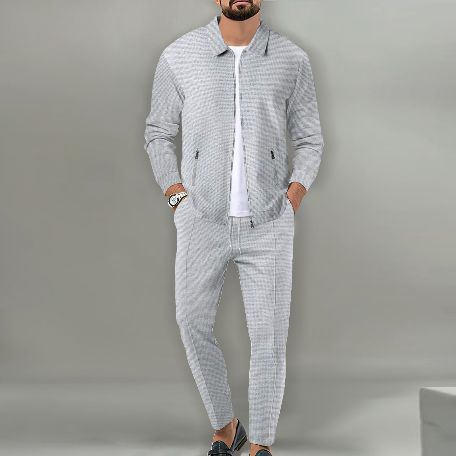 Men’s Waffle Knit Jacket Set – Slim Fit Zip-Up Cardigan with Pockets
