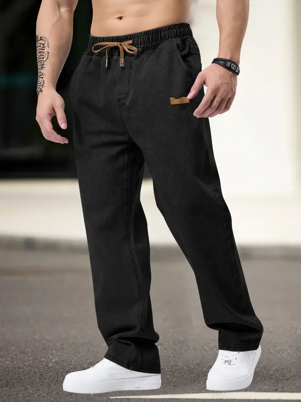 Men's Regular Fit Patched Drawstring Waist Jeans