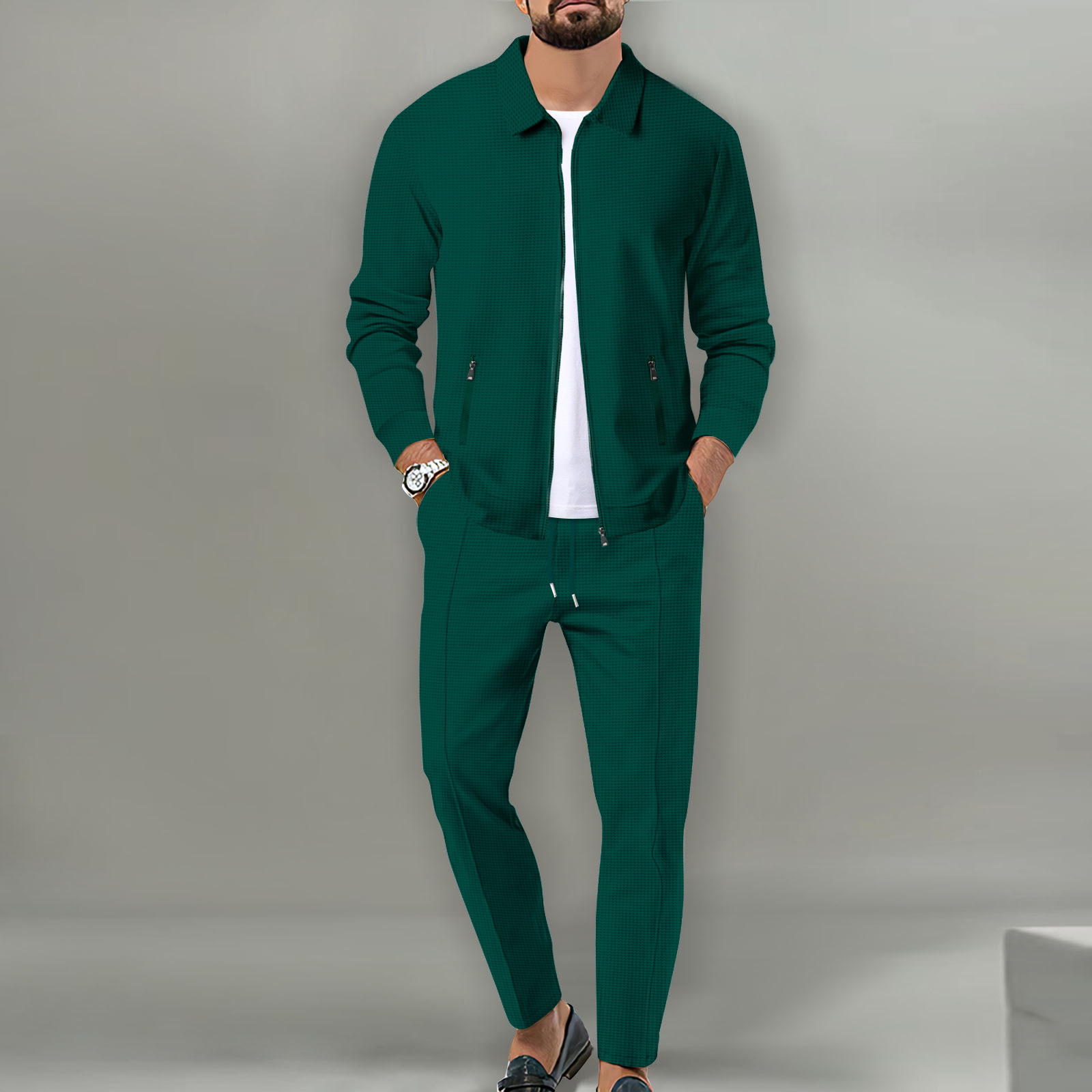 Men’s Waffle Knit Jacket Set – Slim Fit Zip-Up Cardigan with Pockets