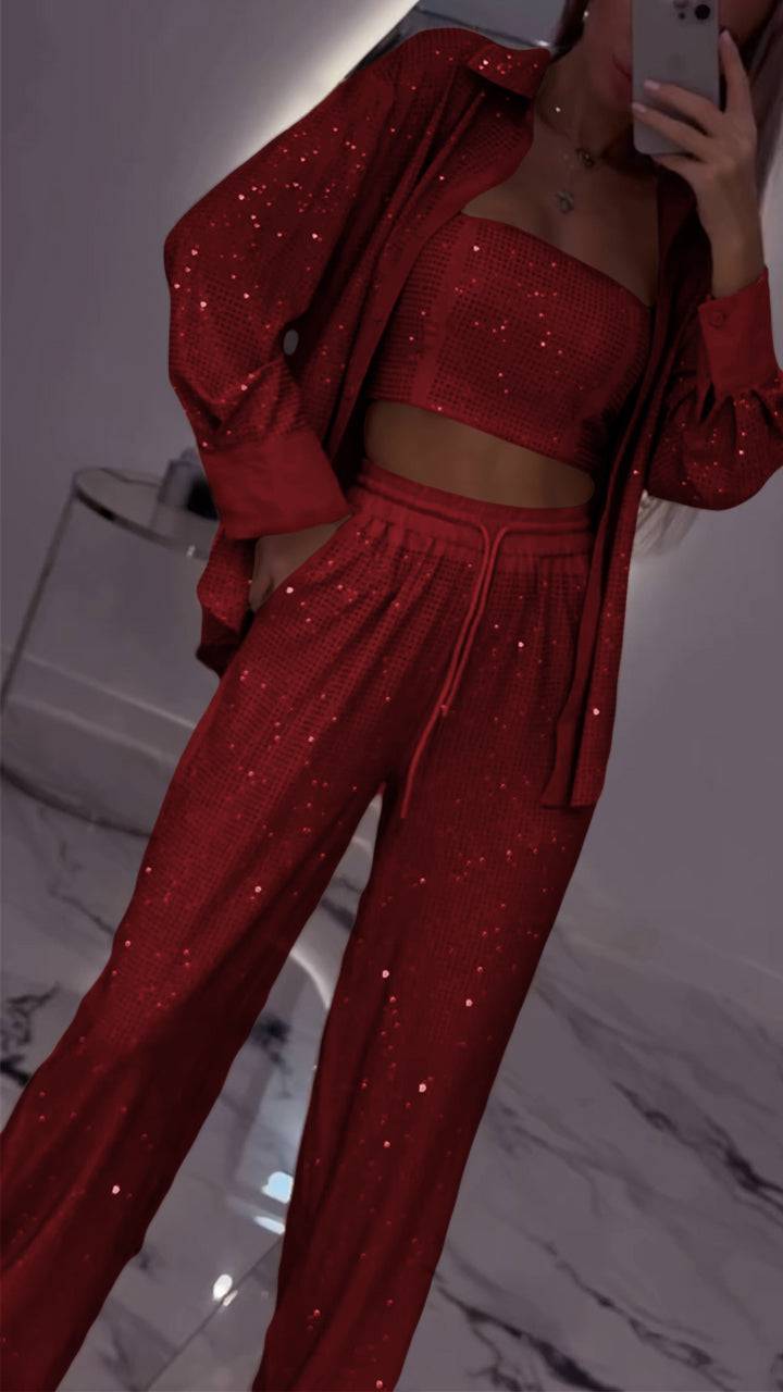 Women's Casual Three Piece Lapel Rhinestone Suit