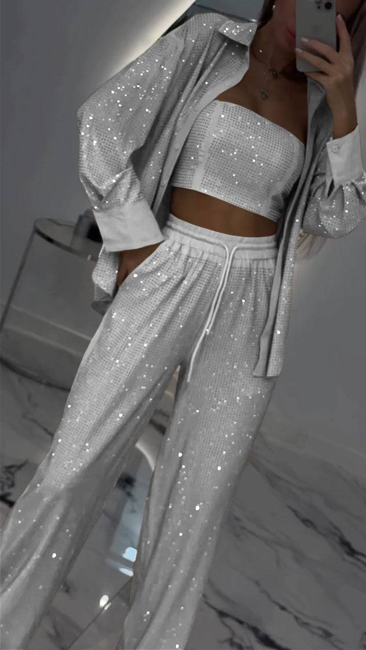 Women's Casual Three Piece Lapel Rhinestone Suit