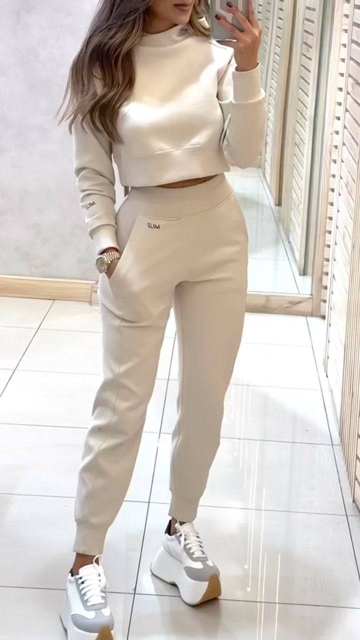 Ladies' High Collar Long Sleeve Autumn and Winter Casual Sweater Suit
