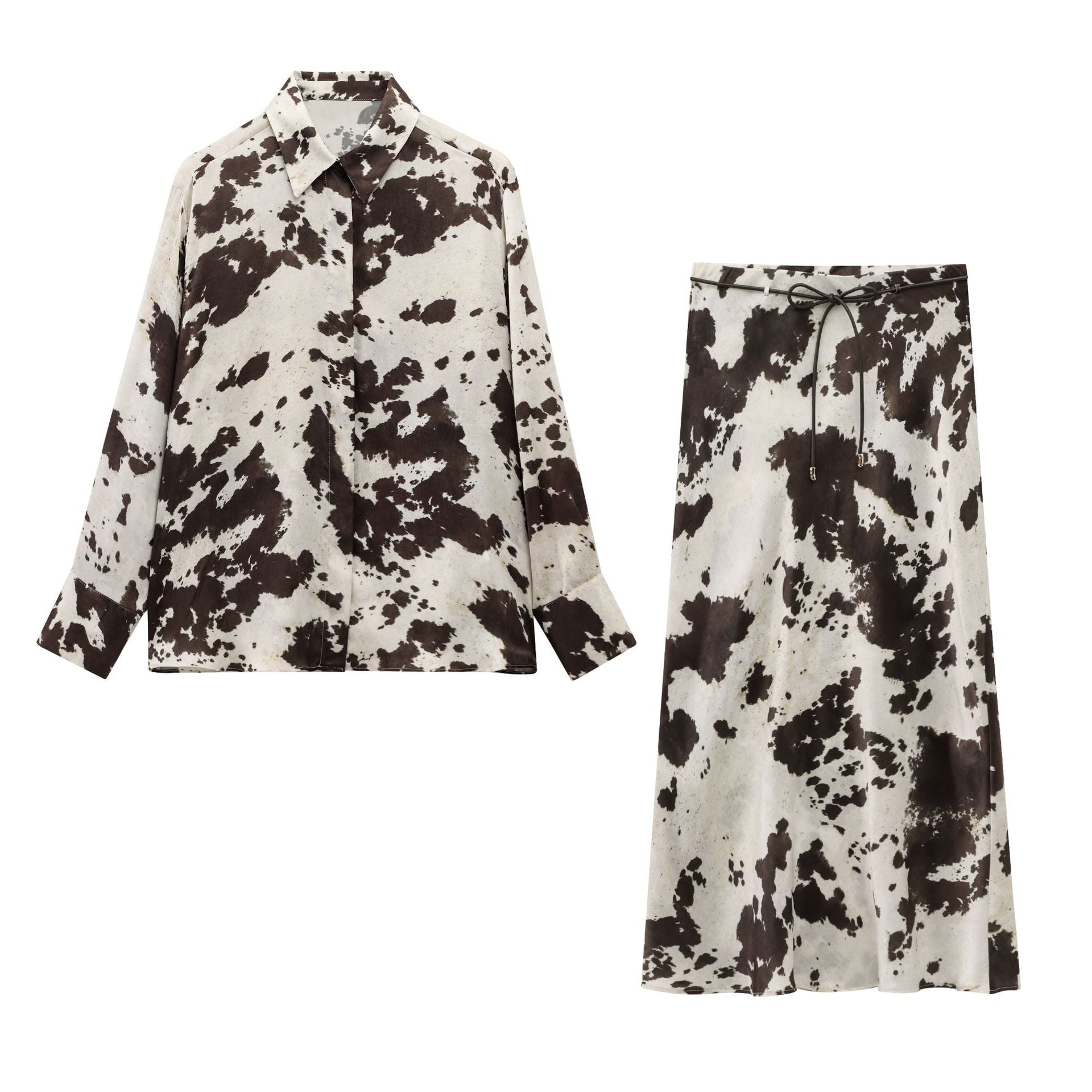 Animal print textured midi shirt and skirt set