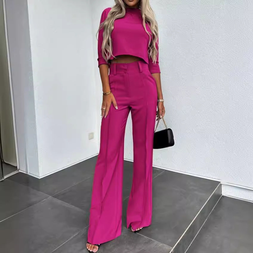 Solid-Color Jacket and High-Waisted Straight-Leg Pants