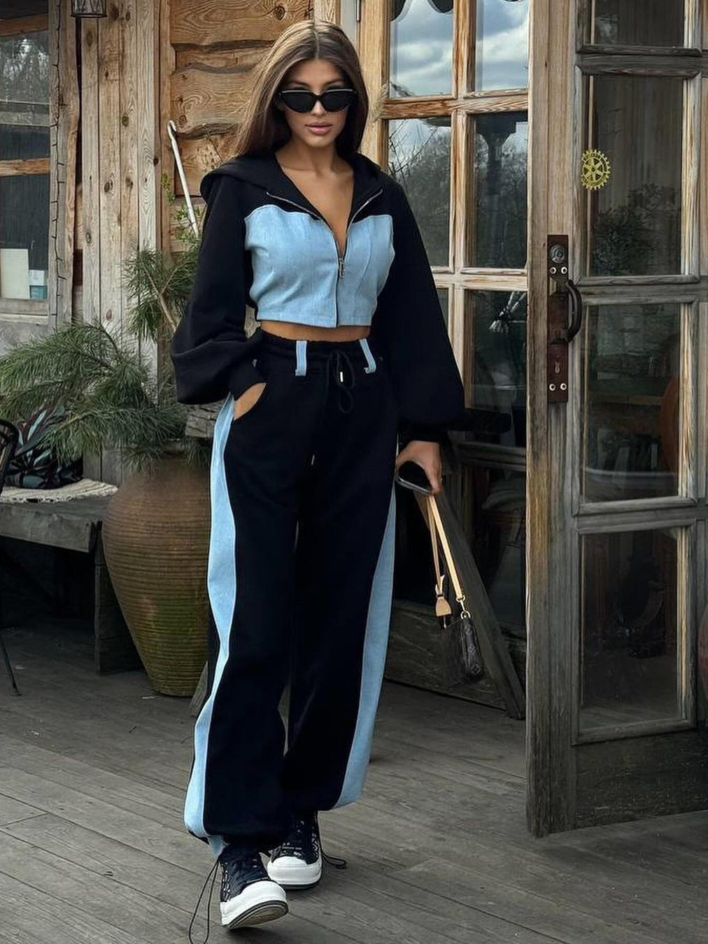 Denim patchwork hooded top and trousers two-piece set