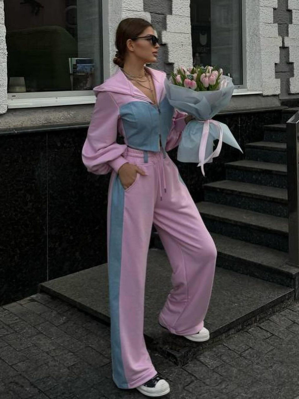 Denim patchwork hooded top and trousers two-piece set