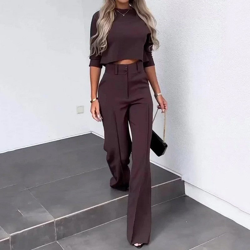 Solid-Color Jacket and High-Waisted Straight-Leg Pants