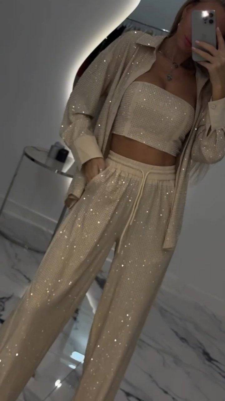 Women's Casual Three Piece Lapel Rhinestone Suit