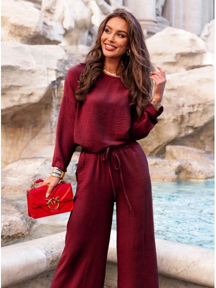 Solid color round neck linen cotton top and casual lace-up loose pants (2 pieces)