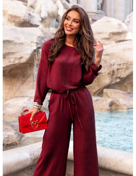 Solid color round neck linen cotton top and casual lace-up loose pants (2 pieces)