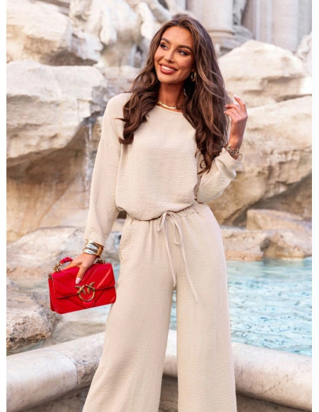 Solid color round neck linen cotton top and casual lace-up loose pants (2 pieces)